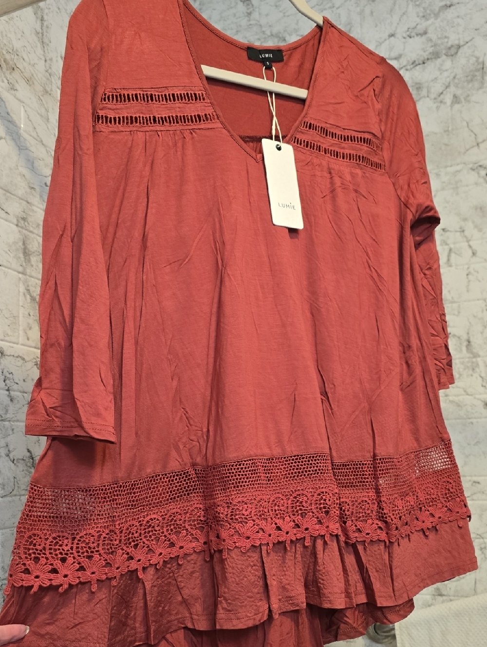 Women's Rust Crochet-Trim Peasant Top
